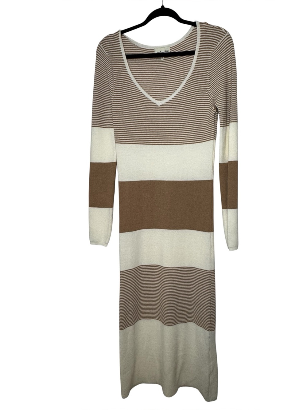 NWT Freshman 1996 Sweater Dress V-Neck Beige Camel Striped Women’s Large Midi